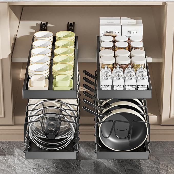 2 Pack Pots and Pans Organizer Under Cabinet, Expandable Pull Out Cabinet Organizer with 10 Adjustable Dividers, Slide Out Pot and Pan Holder for Kitchen Drawers