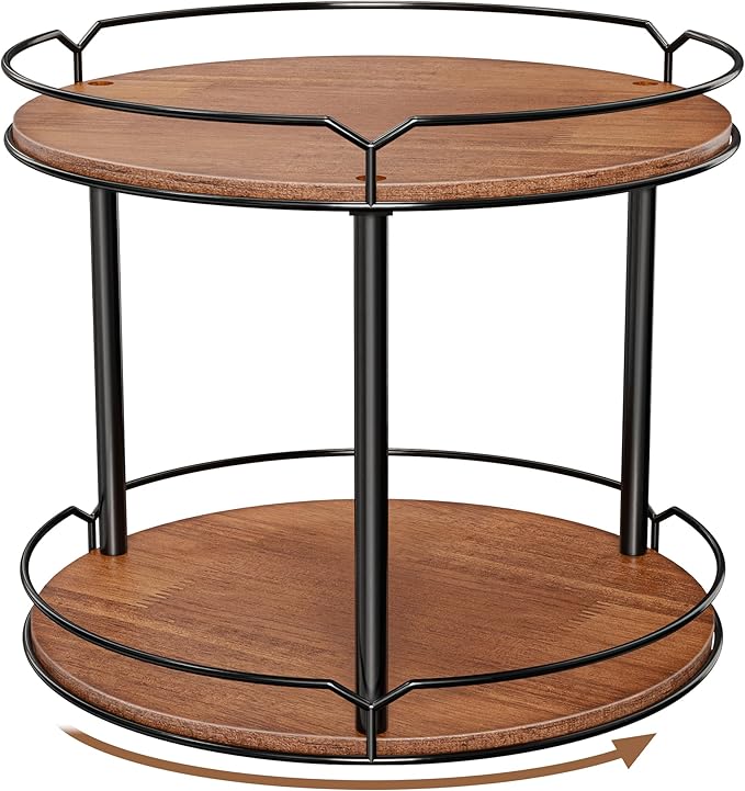 12.4" Lazy Susan Organizer 2 Tier - Rotating Spice Rack, Wooden Spinning Spice Holder for Inside Cabinet, Pantry, Kitchen, Countertop, Bathroom and Vanity, Versatile Storage