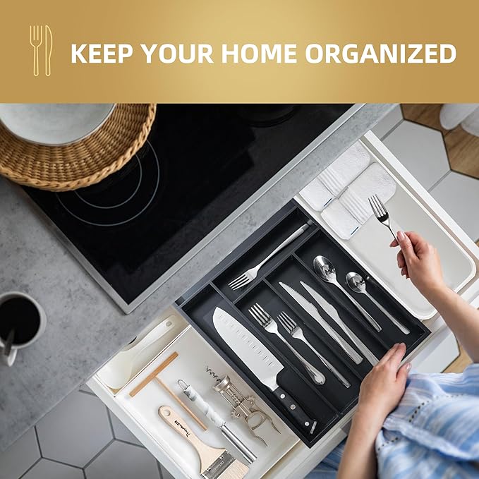 Silverware Organizer Kitchen Drawer Organizer Utensil Organizer Bamboo Silverware Holder Cutlery Organizer in Drawer Flatware Organizer Tray(6 slots, Black