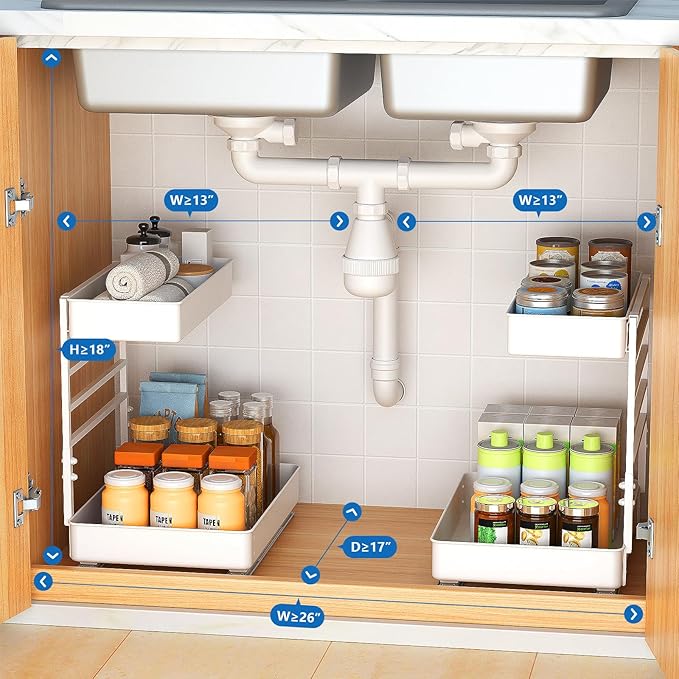 EVERIE Height Adjustable 2 Tier Metal Pull Out Slide Shelf Organizer for Under Sink Cabinets in Kitchen, Bathroom, with Snap-on Top Tray, 16" Deep (White, 2 Sets)