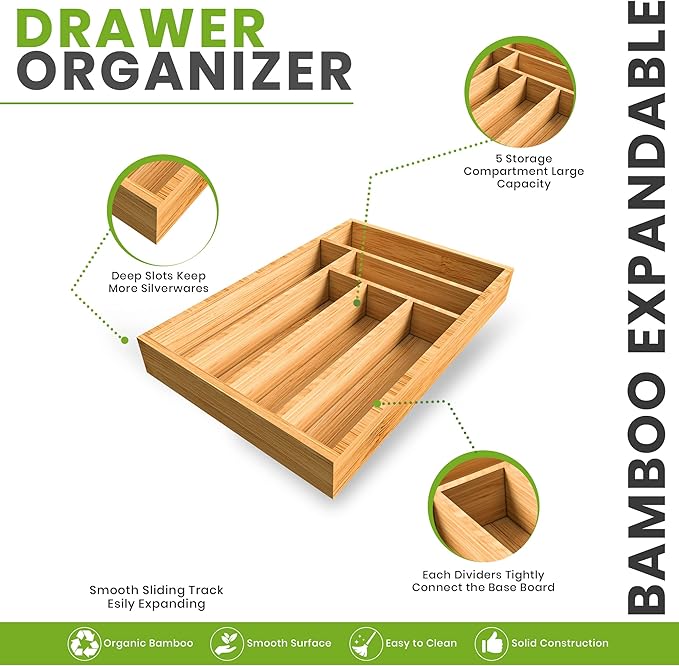 Utopia Kitchen Silverware Organizer, Bamboo Utensil Drawer Organizer for Cutlery, Utensils & Flatware (6 Compartment, Natural) Pack of 1