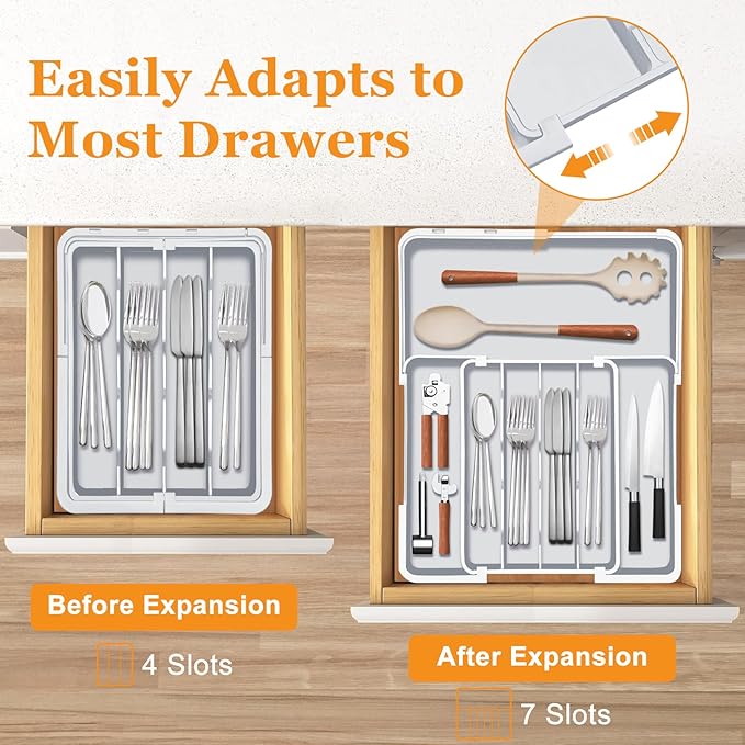 Homecor Kitchen Drawer Organizer, Expandable Silverware Drawer Organizer, Adjustable Utensil Organizer Tray, Cutlery Organizer for Forks, Knives, Kitchen Organizers and Storage, Grey