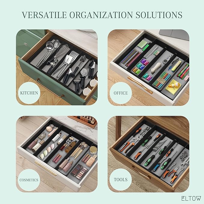 ELTOW Expandable Silverware Drawer Organizer & Utensil Tray Set, Non-Slip Kitchen Drawer Organizers and Storage, Kitchen Organization for Utensils, Cutlery, Office Supplies, Flatware Storage - Black