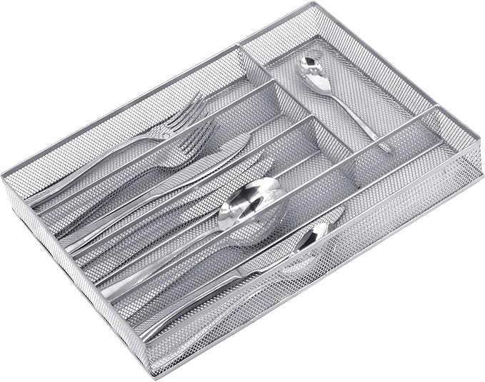 Silverware Drawer Organizer Holder, Cutlery Tray Silverware Flatware Storage Divider for Kitchen, Bedroom, Living Room,Mesh Wire with Non-slip foam Feet, 5 Compoment( Silver)