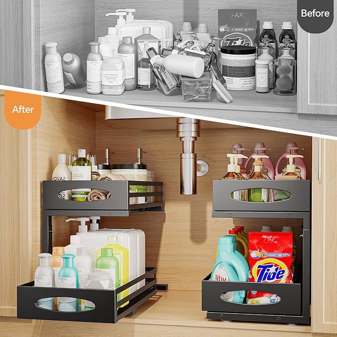 Under Sink Organizer, Pull Out Cabinet Organizers, Slide Sink Steel Shelf Cabinet Storage Shelves, Under Sink Storage for Kitchen Bathroom Cabinet (Black, 2 Pack)