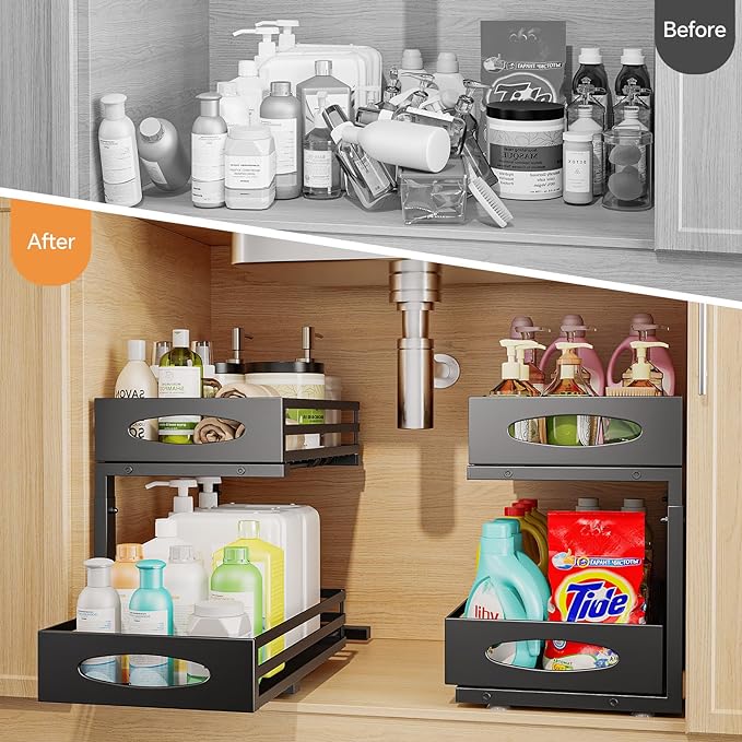 Under Sink Organizer, Pull Out Cabinet Organizers, Slide Sink Steel Shelf Cabinet Storage Shelves, Under Sink Storage for Kitchen Bathroom Cabinet (Black, 2 Pack)