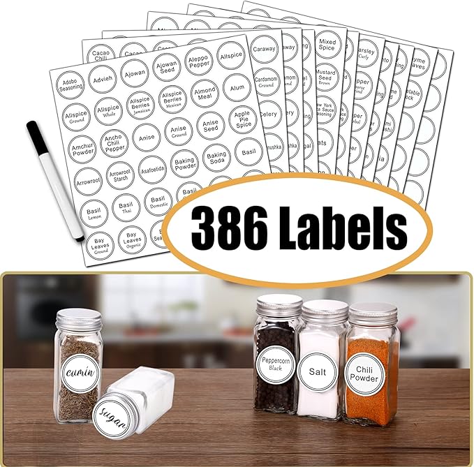SWOMMOLY Spice Rack Organizer with 32 Empty Square Glass Spice Jars, 386 White Spice Labels with Chalk Marker and Funnel Complete Set, Seasoning Organizer for Countertop, Cabinet or Wall Mount