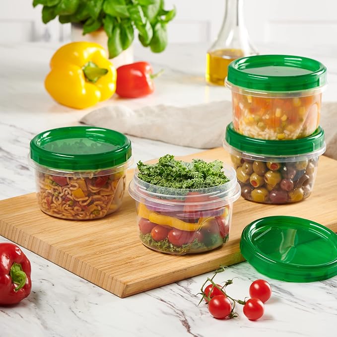 PLASTICPRO 12 Pack Twist Cap Food Storage Containers with Green Screw on Lid- 16 oz Reusable Meal Prep Containers - Freezer and Microwave Safe Green Plastic Food Storage