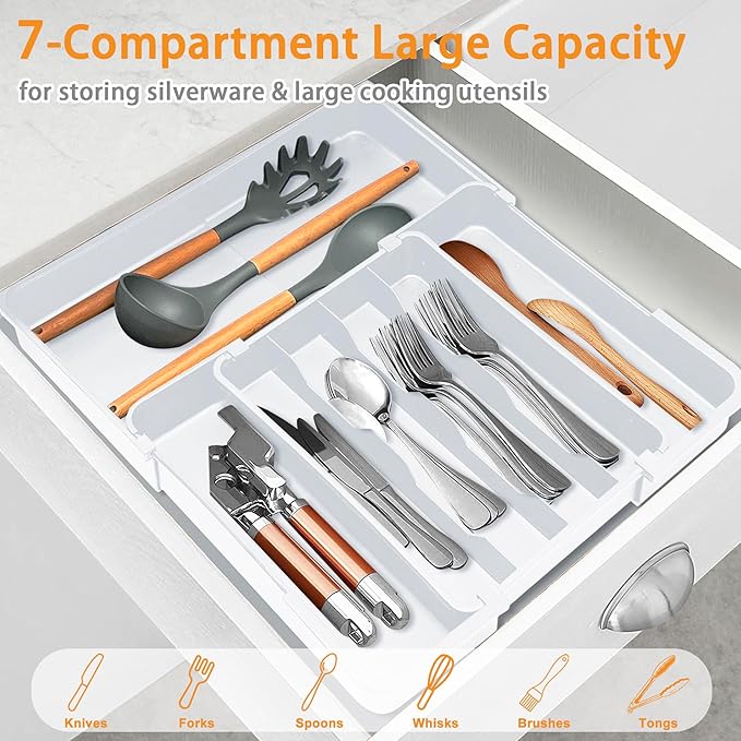 Homecor Silverware Drawer Organizer, Adjustable Kitchen Drawer Organizer, Expands from 4 to 7 Slots, Non-Slip BPA-Free Flatware Cutlery Utensil Holder for Forks Knives Spoons and Kitchen Utensil,White