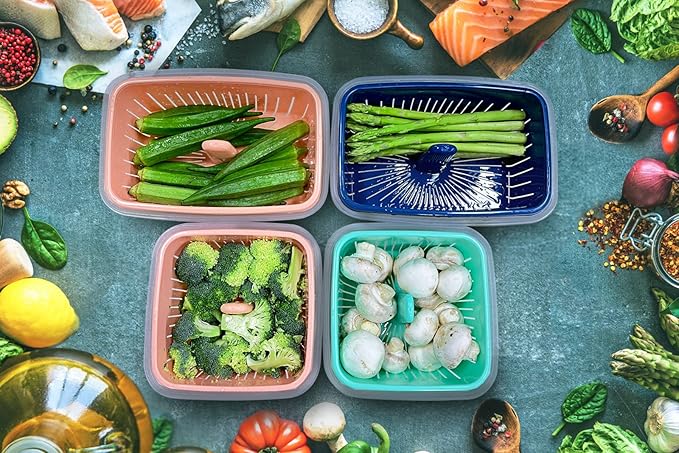 shopwithgreen 68oz Berry Keeper Fruit Storage Container for Fridge, Fresh Food Produce Saver Containers with Removable Drain Colanders, Vegetable Lettuce Keeper Bowl, Refrigerator Organizer, 3 Pack