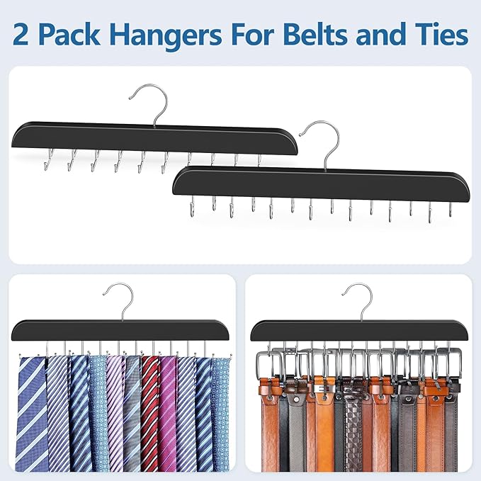 2 Pack Tie Rack & Belt Hanger 2 in 1 Tie Hanger Space Saving Max 42 Belts& 60 Ties Capacity for Closet Organizers and Storage, Sturdy Wood Belt & Tie Collection Organizer