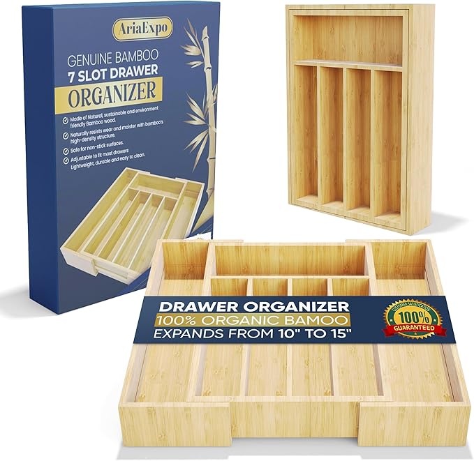 Expandable Bamboo Silverware Organizer Utensil Drawer Organizer Kitchen Utensil Organizer Cutlery Drawer Organizer 5-7 Slot Flatware Organizer For Drawers With Gift Box
