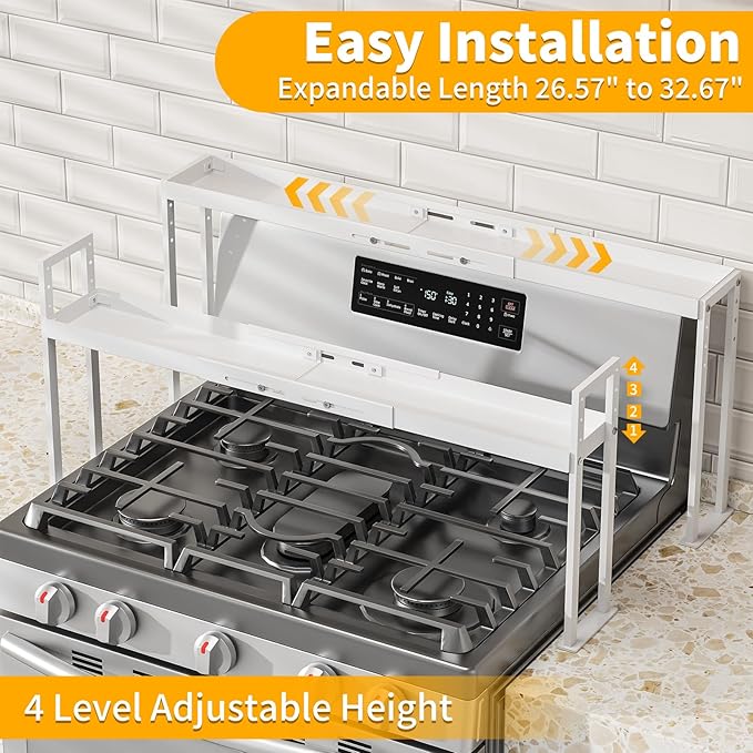 Stove Top Shelf for Curved Stove, Expand 27 to 33 Inch Spice Rack, 4 Level Adjustable Height Spice Shelf, Over the Stove Shelf for Back of Stove Spice Rack Organizer for Countertop, White