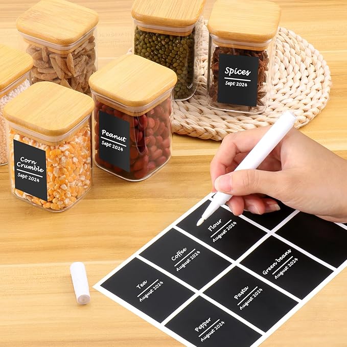 Glass Spice Jars with Bamboo Lids - 9 Oz Small Square Storage Jars with Airtight Lids Clear Pantry Food Storage Containers Glass Canister Set with Labels for Kitchen Coffee Sugar Flour(Set Of 10)