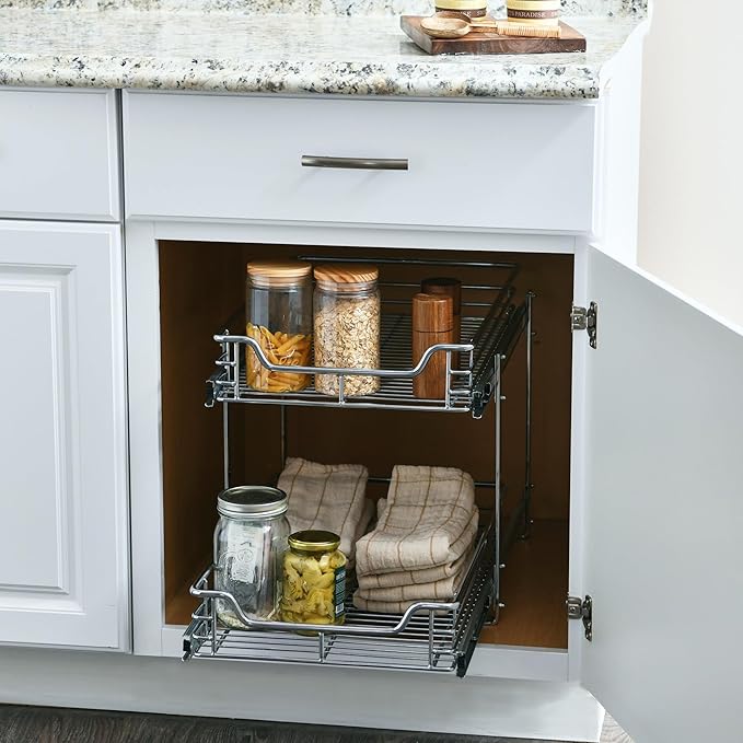 Household Essentials Glidez Multipurpose Chrome-Plated Steel Pull-Out/Slide-Out Basket Storage Organizer for Under Cabinet Use - 2-Tier Design - Fits Standard Size Cabinet or Shelf, Chrome