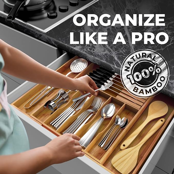 Premium Expandable Kitchen Drawer Organizer - 100% Bamboo Organizer Tray - Great for Silverware, Large Utensils, Flatware, Cutlery - 8 Compartments with Knife Block - Perfectly Fits Your Drawers