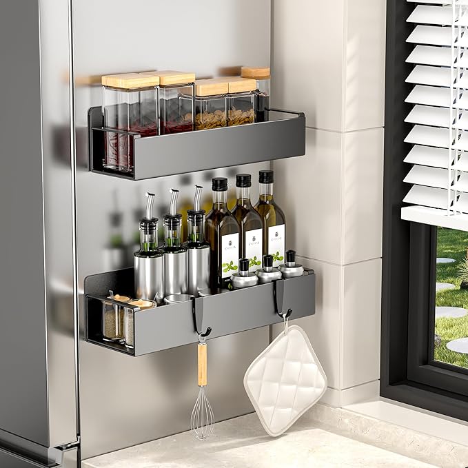 2 Pack Magnetic Spice Rack for Refrigerator, Black Magnetic Shelf for Kitchen Organizer and Storage, Mini Organizers for Oven and Fridge with 2 Hooks
