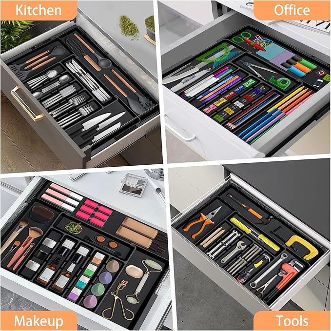 Silverware Organizer Expandable Kitchen Utensil Drawer Organizer Large BPA Free Adjustable Cutlery Silverware Tray for Spoons Forks Knives Storage Divider for Kitchen Flatware 6-9 Slots Black
