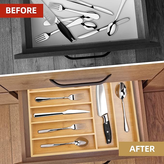 Bamboo Kitchen Drawer Organizer, 13 Inch Silverware Organizer with Extra-deep Grooved Divider, 7 Slots Pure Bamboo Wood Caddy for Flatware Cutlery Knives, Forks, Spoons