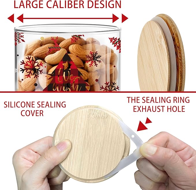 Christmas Plaid Glass Storage Jars Set with Airtight Bamboo Lids - Clear Christmas Home Decor