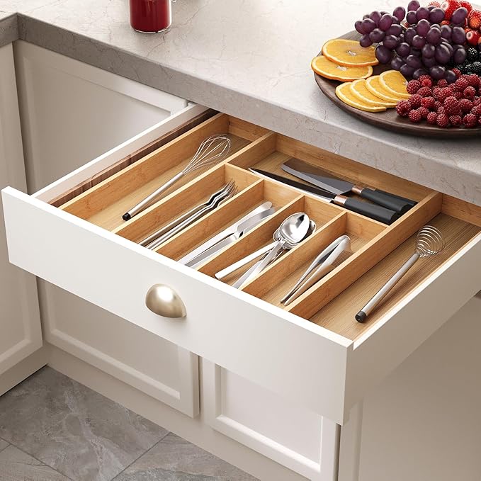 Expandable Kitchen Drawer Organizer,Bamboo Silverware Organizer for Utensils,Adjustable Flatware Tray(16.92 * 13.30~22.83 * 1.96)