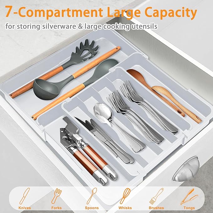 Homecor Kitchen Drawer Organizer, Expandable Silverware Drawer Organizer, Adjustable Utensil Organizer Tray, Cutlery Organizer for Forks, Knives, Kitchen Organizers and Storage, Grey