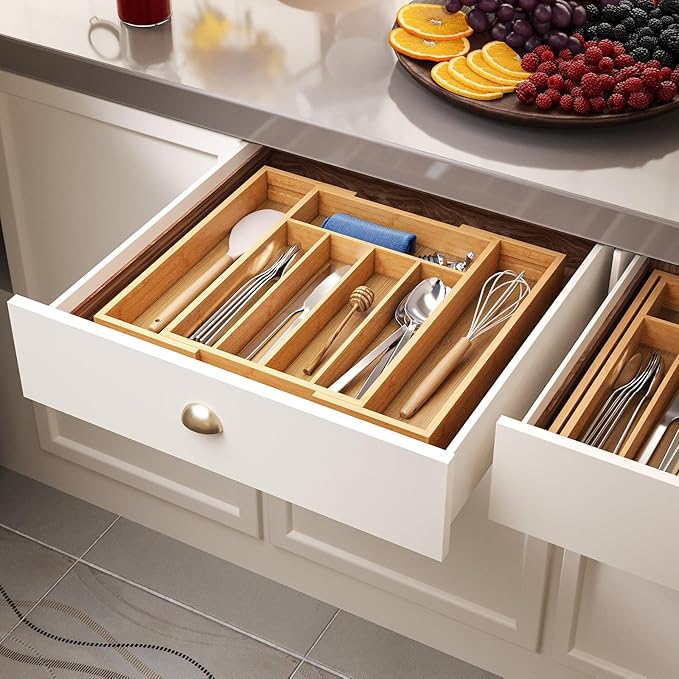 Expandable Kitchen Drawer Organizer,Bamboo Silverware Organizer for Utensils,Adjustable Flatware Tray (13.77 * 10.23~16.53 * 1.96)