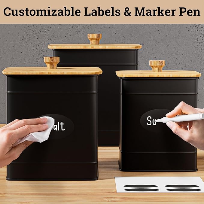 Kitchen Canisters for Countertop Set of 3 with Customizable Chalkboard Labels & Marker Pen - Big Iron Kitchen Canisters with Airtight Lids - Black Canister Set - Flour and Sugar Containers Farmhouse