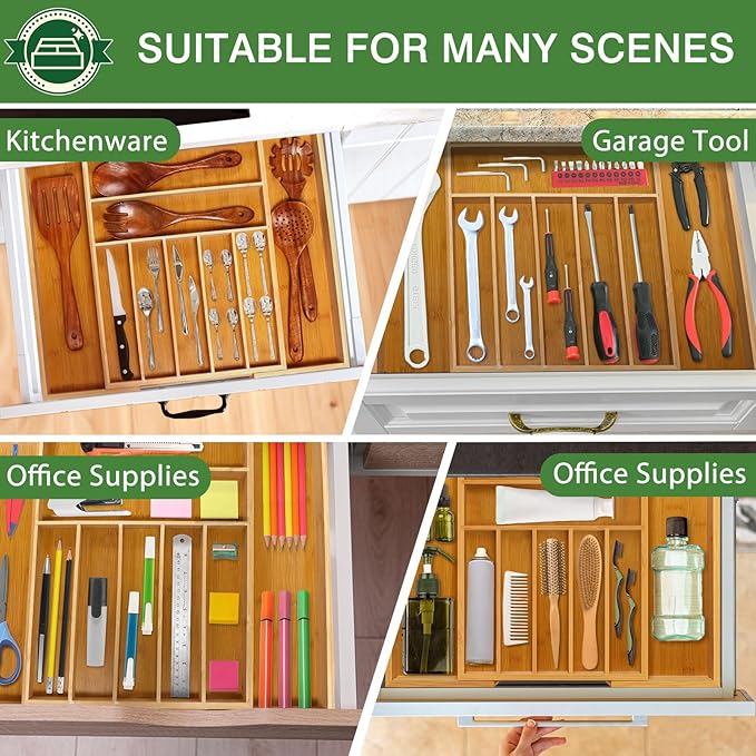 Silverware Organizer with 9 Slots - Bamboo Utensil Drawer Organizer for Kitchen - Expandable Flatware Drawer Organizer Tray for Kitchen Utensils, Cutlery and Tools