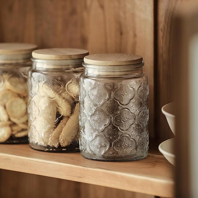 Glass Storage Jars With Airtight Lid, 35oz Canister For Kitchen Counter with Bamboo Lid, brown sugar, candy, coffee, cookie, salt, tea,pantry cute Jar (35oz Large Begonia Flowers)