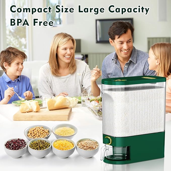 22 Lbs Rice Dispenser, Large Dry Food Storage Container with with Measuring Cup & Time Scale, Food Dispenser Kitchen Organization and Pantry Store for Cereal Dry Food (Green)