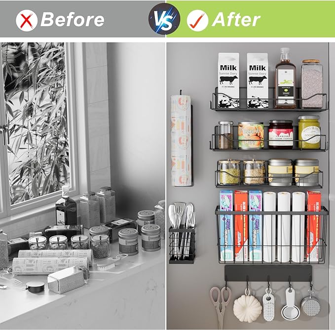 Magnetic Spice Rack for Refrigerator, 7 Pack Magnetic Fridge Shelf for Kitchen Organization Storage, Moveable Spice Organizer W/Paper Towel Holder, Utensil Caddy, Cutting Board Rack (Black)