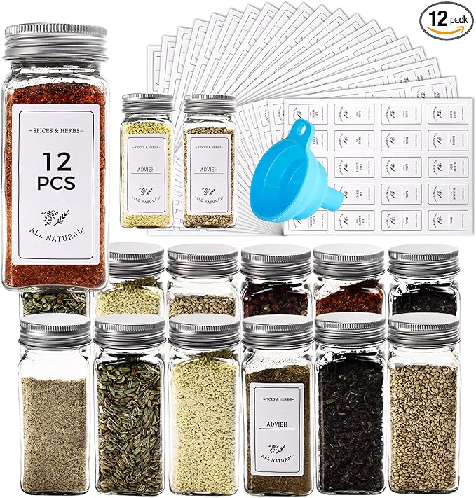 12 Spice Jars with 400 Spice Labels, 4Oz Empty Square Spice Storage Bottles Containers