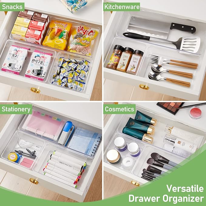 6 PCS Clear Plastic Drawer Organizer, Large 15" X 6" 3-Size Acrylic Stackable Kitchen Drawer Storage Tray, Bathroom Drawer Organizer Trays, Storage bins for Cosmetics Bathroom Kitchen Office