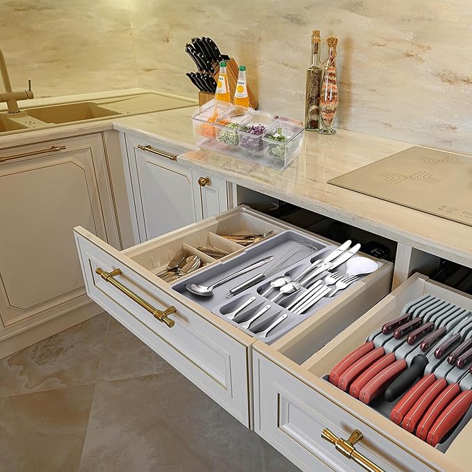 Silverware Drawer Organizer with Expandable Tray for Kitchen Drawer, Adjustable Compact Plastic Kitchen Utensil Storage for Spoons Forks Knives Easy to Access & Save Space