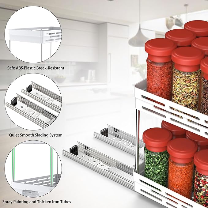 Pull Out Spice Rack Organizer for Cabinet, 2 Pack Widen Slide Out Spice Racks Organizer, Easy to Install Durable Spice Cabinet Organizers, 6.4''Wx10.4''Dx8''H, Each Tier Hold 15 Spice Jars - 2 Tier