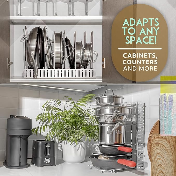 GeekDigg Upgraded Pan Organizer Rack for Cabinet with 3 DIY Methods (Silver)
