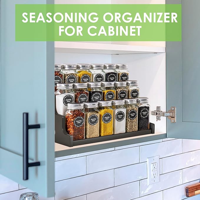 Bamboo Spice Rack Organizer for Cabinet, 3 Tier Wood Spice Shelf Organizer with 18 Spice Jars with Label Pack Included for Spice organization for cabinet Kitchen Countertop (Black)