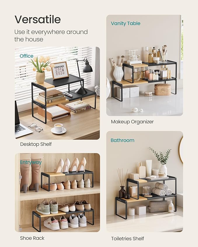 SONGMICS HOME Spice Racks, Expandable Cupboard Shelf Orgnizers, Kitchen Counter Shelves, Bamboo and Metal, Space-Saving Shelving, Stackable, Natural Beige and Ink Black UKCS051B01