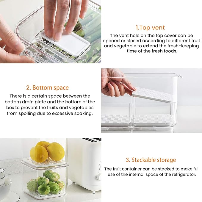 vacane Produce Saver with Folding Lids,2 Piece Fruit Vegetable Storage Container with Vents Stackable Fridge Drawers Organizer Salad Lettuce Keeper For Refrigerator,Bpa-free Fresh Keeper,5.7L&2.8L