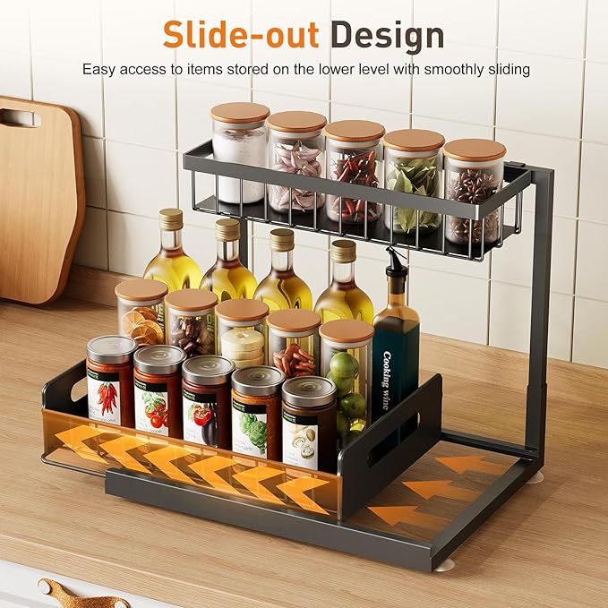 Under Sink Organizer 2 Pack,Metal Pull Out Cabinet Organizer Shelf,Kitchen Bathroom Organizers and Storage with Sliding Drawer,Storage Shelves,Storage and organization for Home,Laundry,RV,Pantry,Spice