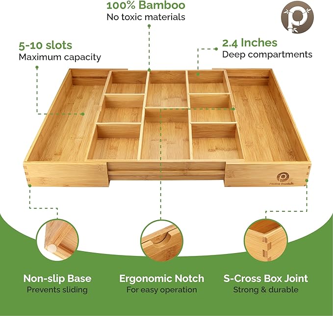 Expandable Drawer Organizers for Kitchen - Extra Deep Non-Slip 17” x 14.6” (expands up to 25 inches) - Dark Wooden Silverware Divider (10 Compartments) – Organize Cooking Utensils