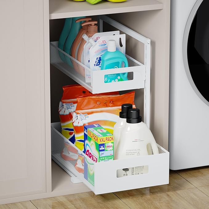 Pull-out Under Kitchen Sink Organizer, Metal Functional Under Sink Organizer, Height Adjustable Under Bathroom Sink Organizer, Under Sink Storage for Kitchen Bathroom Cabinet (White)