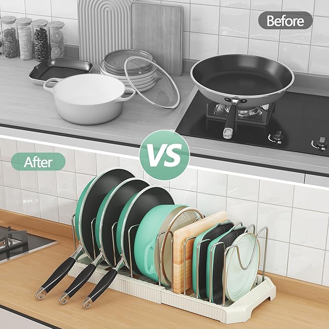 Pots and Pans Organizer for under Cabinet, Expandable Pan Pot Organizers inside Cabinet, Heavy Duty Pot Rack for kitchen organizers and storage Holder with 10 adjustable compartment White