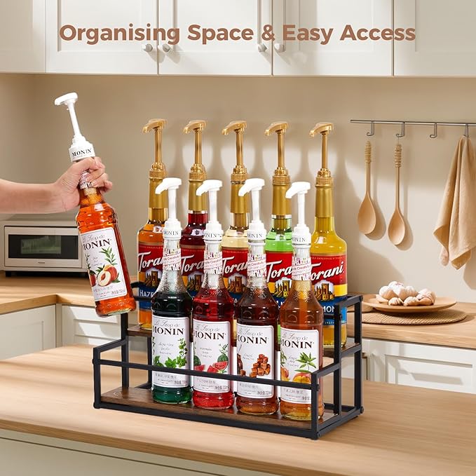 Coffee Syrup Organizer, 2-Tier 10 Syrup Bottles Rack for Coffee Bar, Liquor Bottle Display Shelf Holder Bar Shelf Stand Countertop Rack for Syrup, Wine, Spice