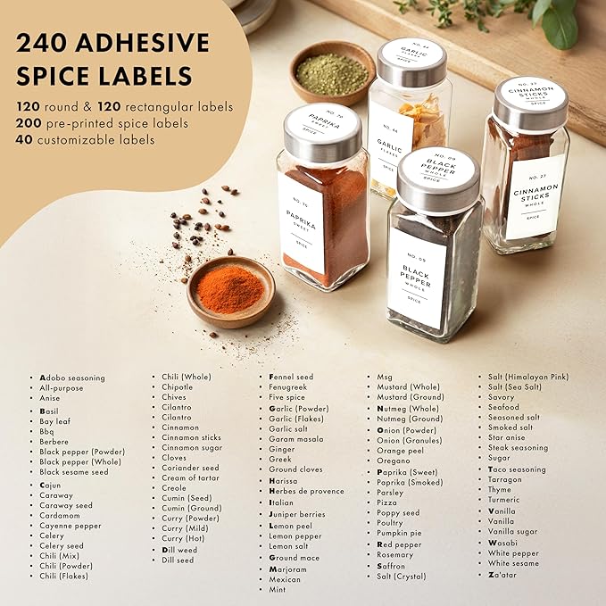 Glass Spice Jars with Label and Stainless Steel Lids (24 x 4oz) Spice Containers with 240 Labels, Shaker Inserts, Steel Funnel, Empty Square Empty Square Seasoning Organizer