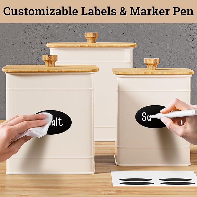 Kitchen Canisters for Countertop Set of 3 with Customizable Chalkboard Labels & Marker Pen - Big Iron Kitchen Canisters with Airtight Lids - White Canister Set - Flour and Sugar Containers Farmhouse