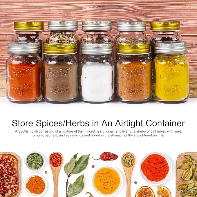 CycleMore 15 Pcs Glass Mason Spice Jars 4oz Empty Spice Bottles with Blank Labels and Shaker Lids, Gold Airtight Metal Caps, Chalk Marker and Collapsible Funnel Included