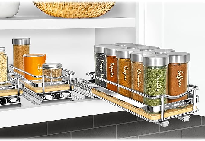 LYNK PROFESSIONAL® Élite™ Pull Out Spice Rack Organizer for Inside Kitchen Cabinets - 4-1/4 inch Wide - Slide Out Drawer – Wood/Chrome Sliding Spice Cabinet Organization Shelf Racks - 1 Tier