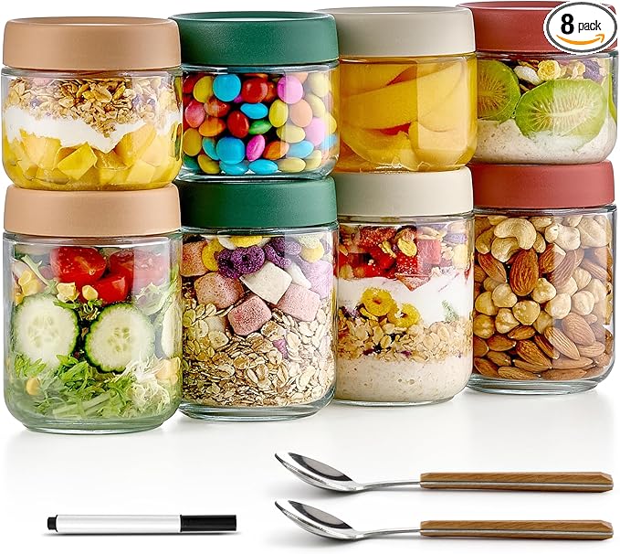 8 Pack Overnight Oats Containers with Lids, Large & Small Glass Mason Jars 16oz & 10 oz, Breakfast Oatmeal Container to Go, Salad Meal Prep Jars for Food Storage, Mush Chia Seed Pudding Jars